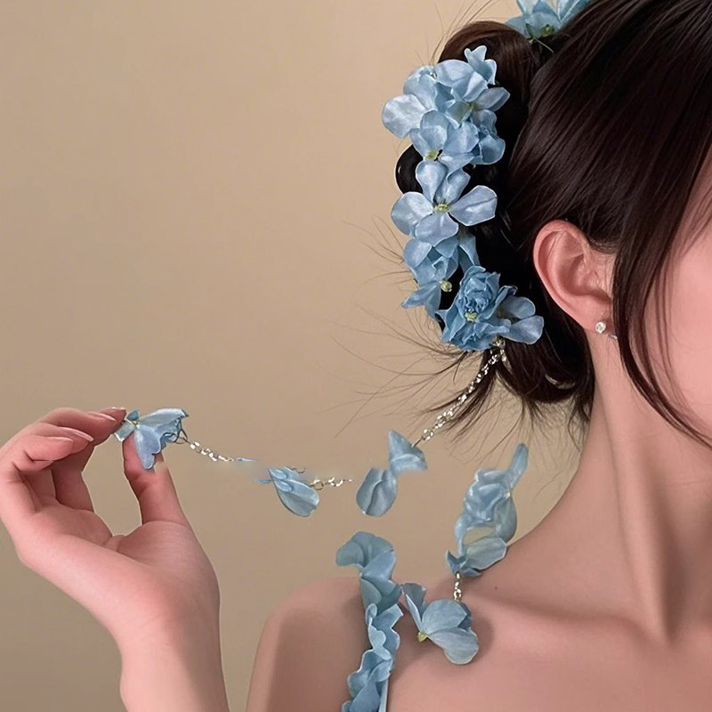 Hortenida azul agarrando clip de cabeza de mujer clip de tiburón floreciente clip de pelo 2025 nuevo tocado de playa