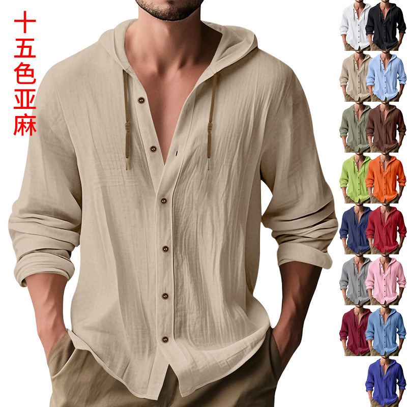 Cross-Border Men's Pure Color Casual Long-Sleeved Shirt Hooded Drawstring Cotton and Linen Cardigan Trendyy Versatile Loose Beach T-Shirt