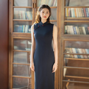 Navy Blue Sleeveless Cheongsam 2025 Spring New Daily Wear Simple Improved New Chinoiserie Young Style Slim Fit Women