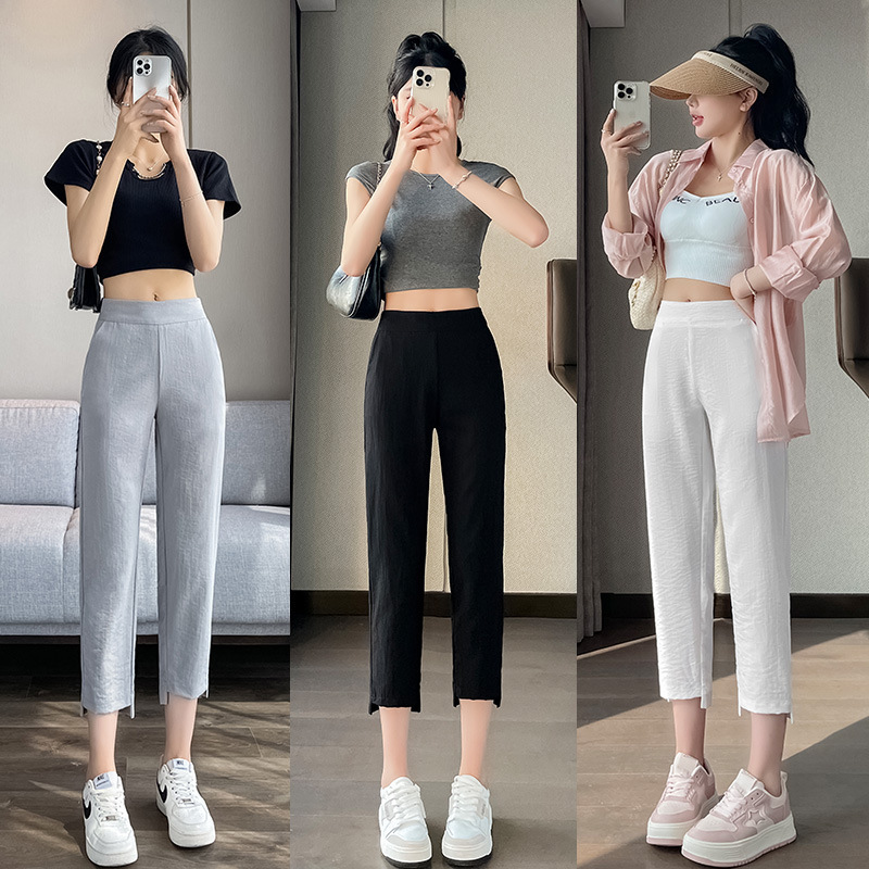 Ice Silk Cotton Linen Hallen Pants Women's Summer Thin 2024 New Explosions Nine Women's Summer Casual Radish Pants