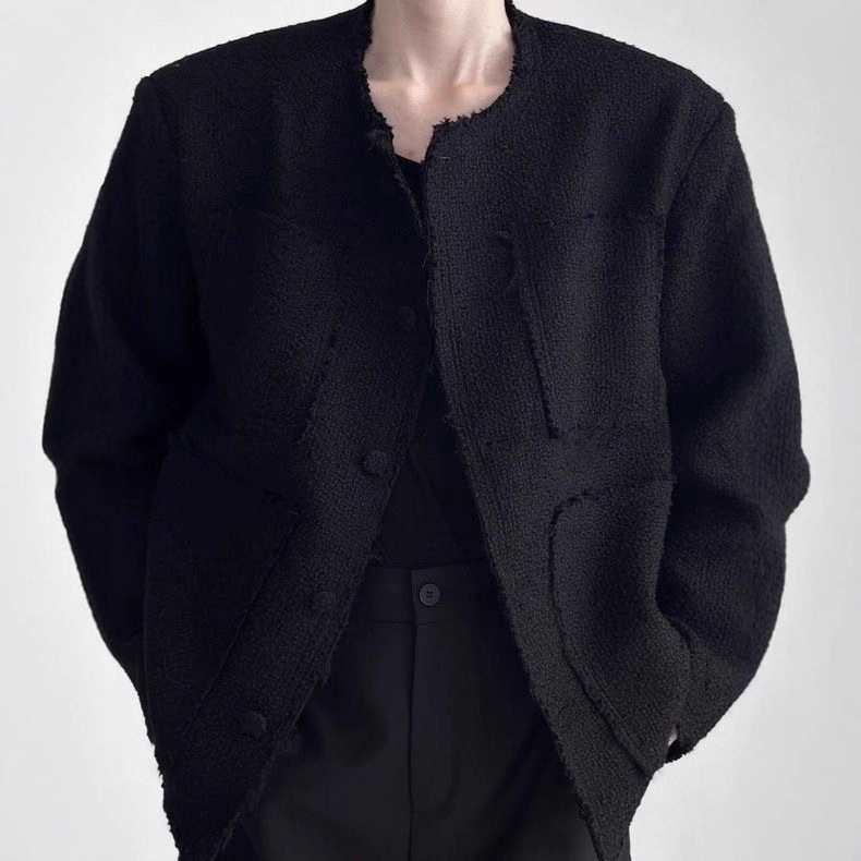 2025 Autumn and Winter New Style Small Fragrance Jacket for Men, High-End, Handsome and Trendy Design, Raw Edge Woven Tweed Jacket