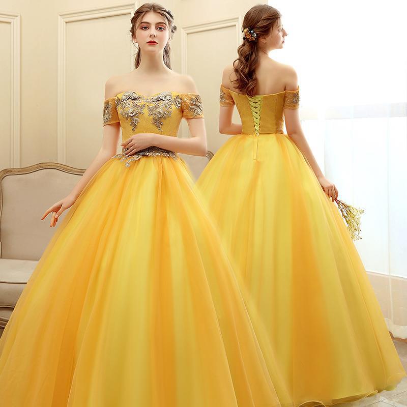 Summer New Style Golden One-Shoulder Evening Gown for Solo Performances, Hosting, and Shows, Long Tutu Skirt, Studio-Themed Colorful Tulle