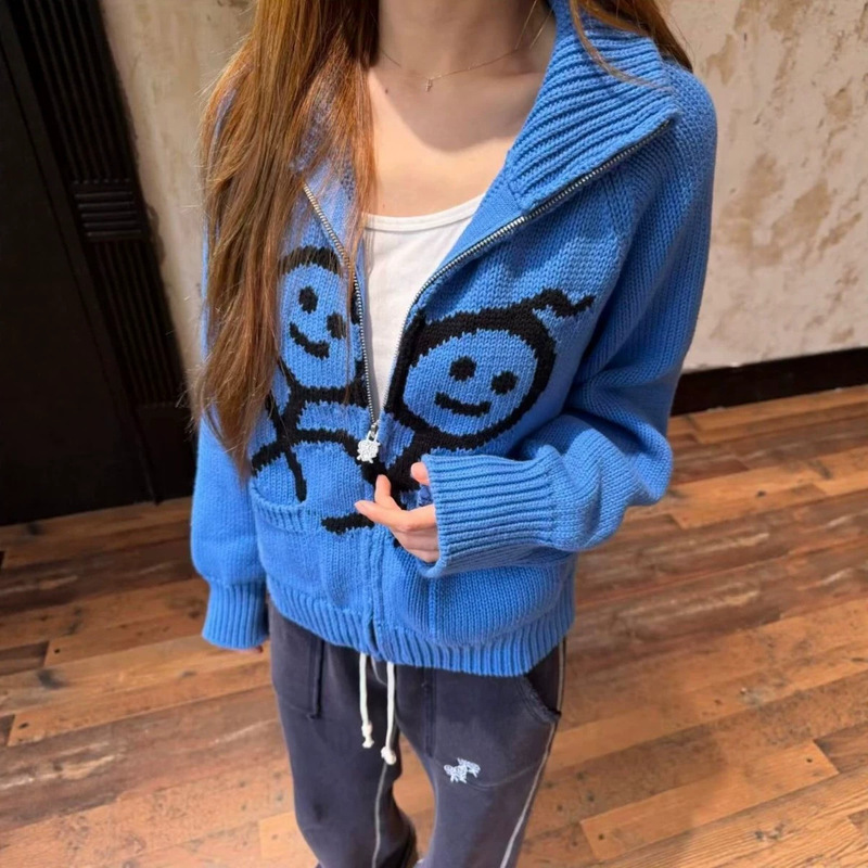 Cartoon stickman jacquard zippered knitted cardigan for women, with lapel and pockets, short sweater jacket, cross-border autumn and winter in-stock Cartoon stickman jacquard zippered knitted cardigan for women, with lapel and pockets, short sweater jacket, cross-border autumn and winter in-stock