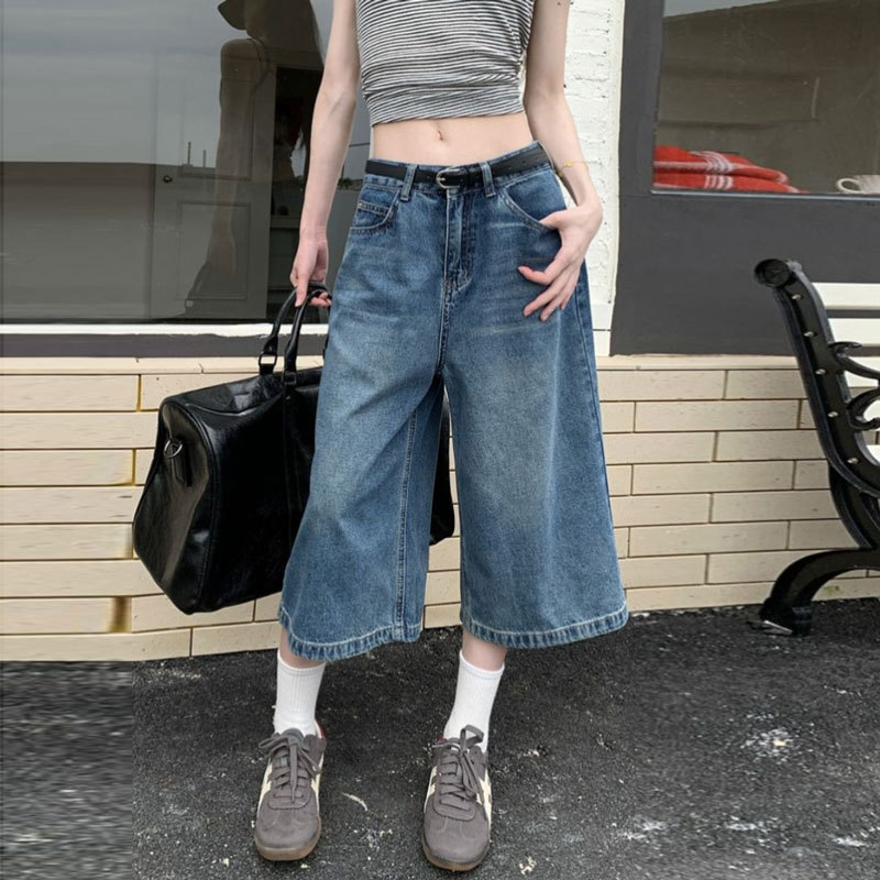 Women's Denim Wide-Leg Pants Plus Size Retro Blue Spring Washed Loose American-Style Cropped Casual Straight Pants