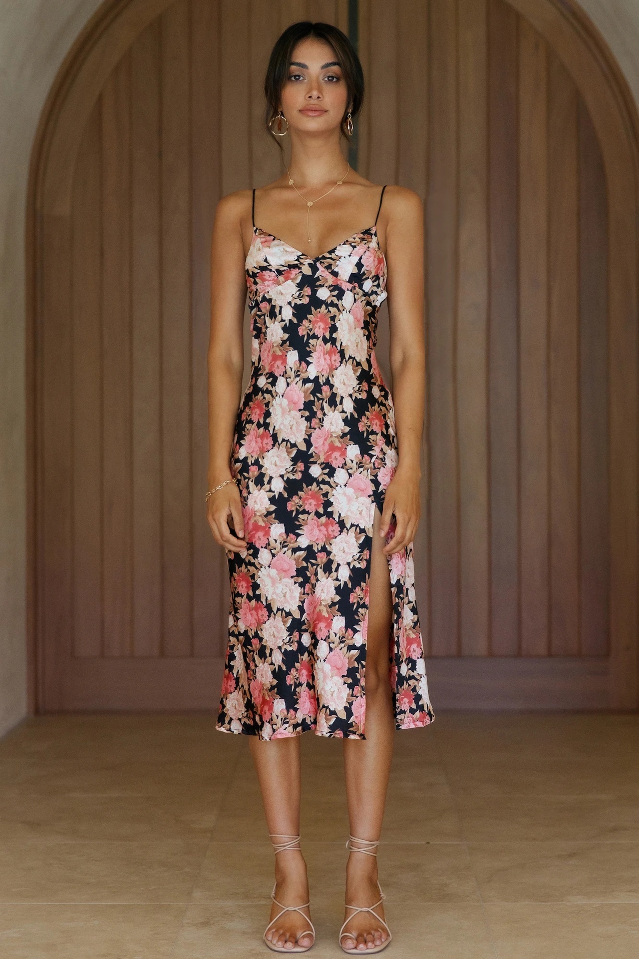 summer floral print slit mid-length sling dress  NSCXY120911