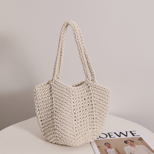 Korean retro ins shoulder cotton woven bag new crochet handbag straw bag vacation beach bag