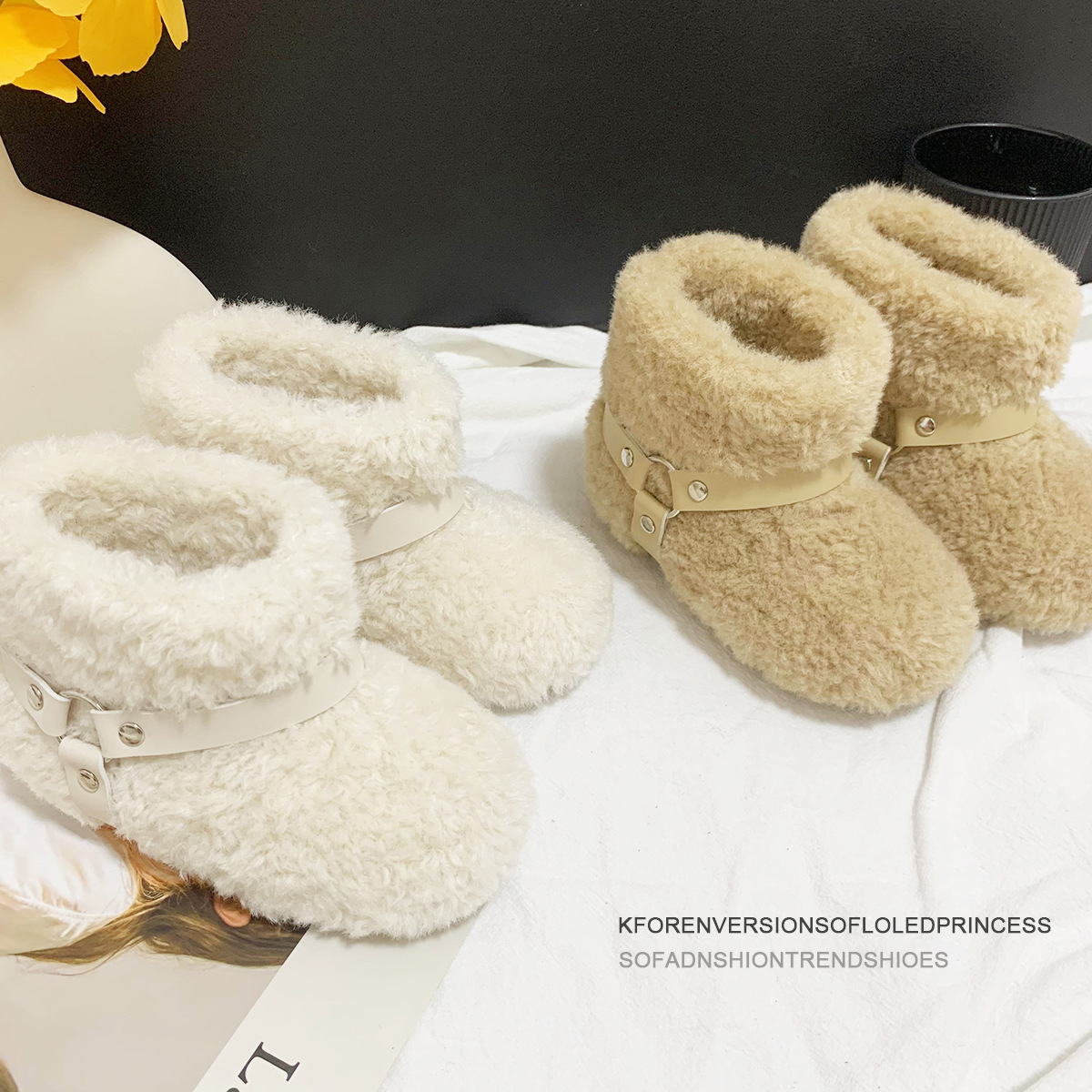 2025 Korean Style Winter Round-Toe Comfortable Lambskin Snow Boots for Kidsren, Versatile Soft-Soled Fleece-Lined Warm Fur Boots