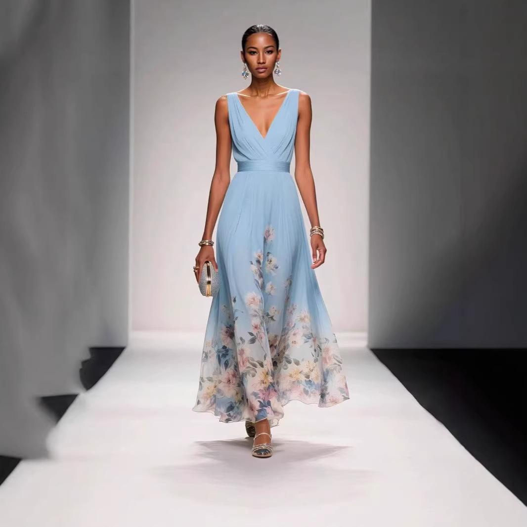 Spot Summer New European and American Cross-Border E-Commerce Amazon Fashion Sexy Vest Deep V Chiffon Printed Dress