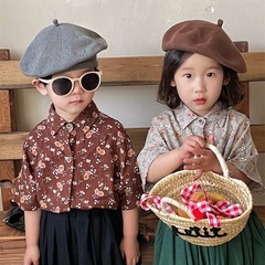 佳葉童品2024新款夏裝兒童棉麻碎花短袖襯衫男女寶寶復古森系上衣