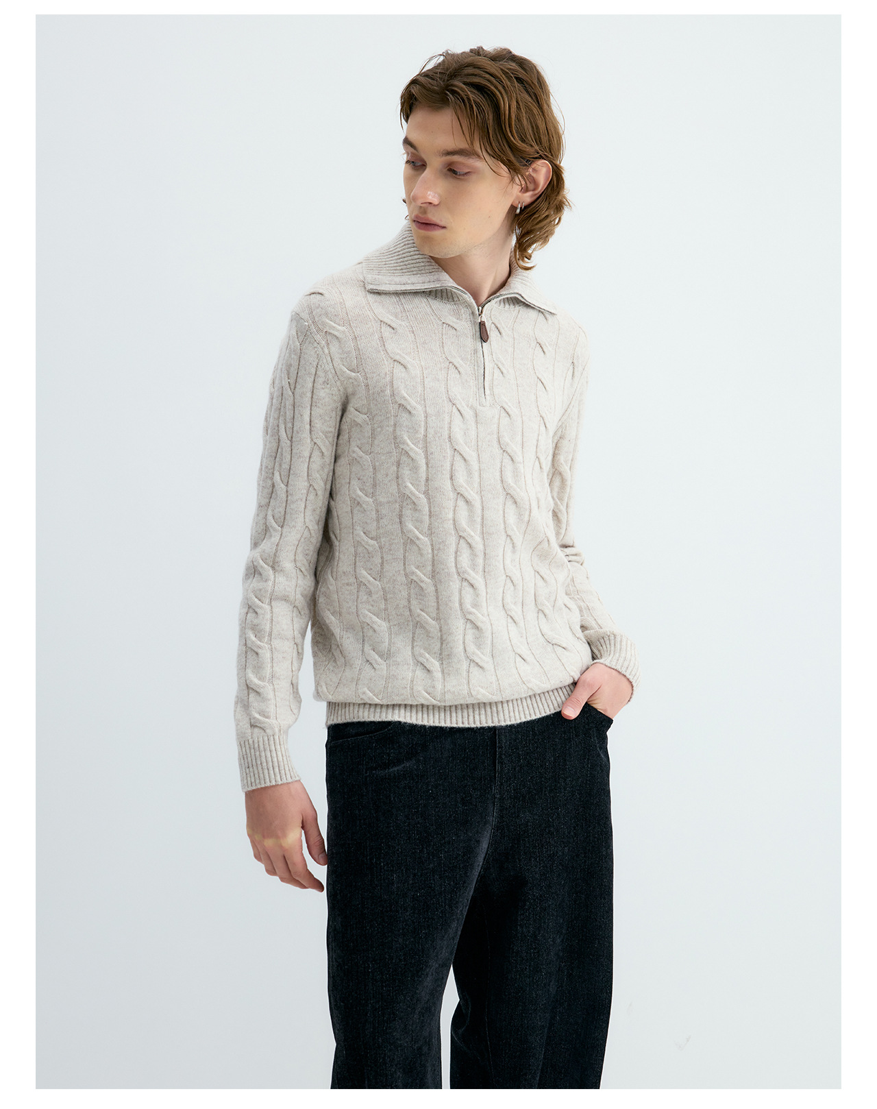 UNF 530g Cable-Knit Half-Zip Polo Sweater