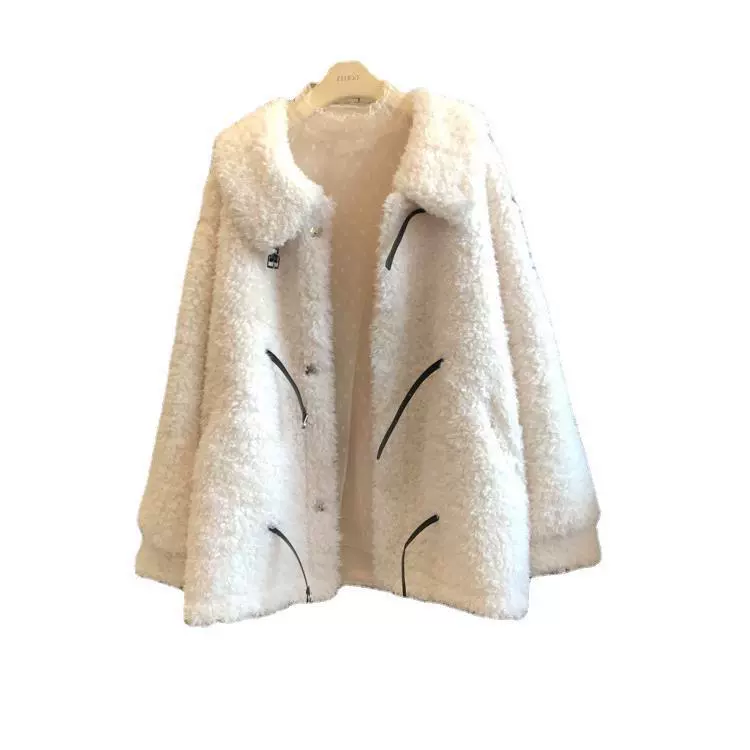 Shearling‑style winter jacket, faux‑fur cozy oversized coat, white, sizes S–L