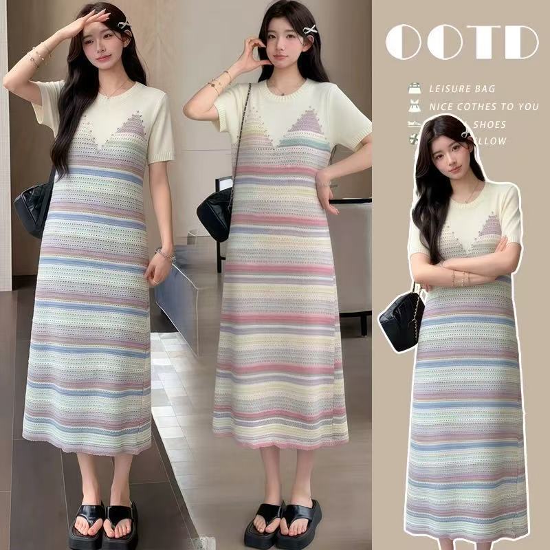 Maternity Dress Summer 2026 Casual Loose Rainbow Stripe Faux Two-Piece Knit Stylish Trendy Mom Outfit Maternity Dress Summer 2026 Casual Loose Rainbow Stripe Faux Two-Piece Knit Stylish Trendy Mom Outfit