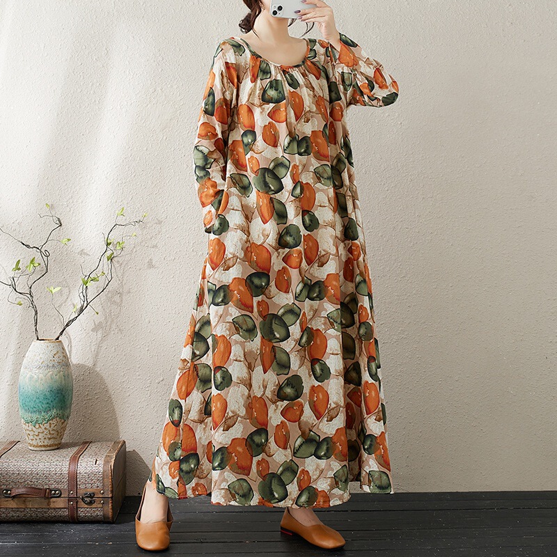 Real Shot of 2025 Early Spring New Style Round Neck Ruched Loose Lazy Dress Minimalist Long-Sleeve Ultra-Long Dress Vacation Style