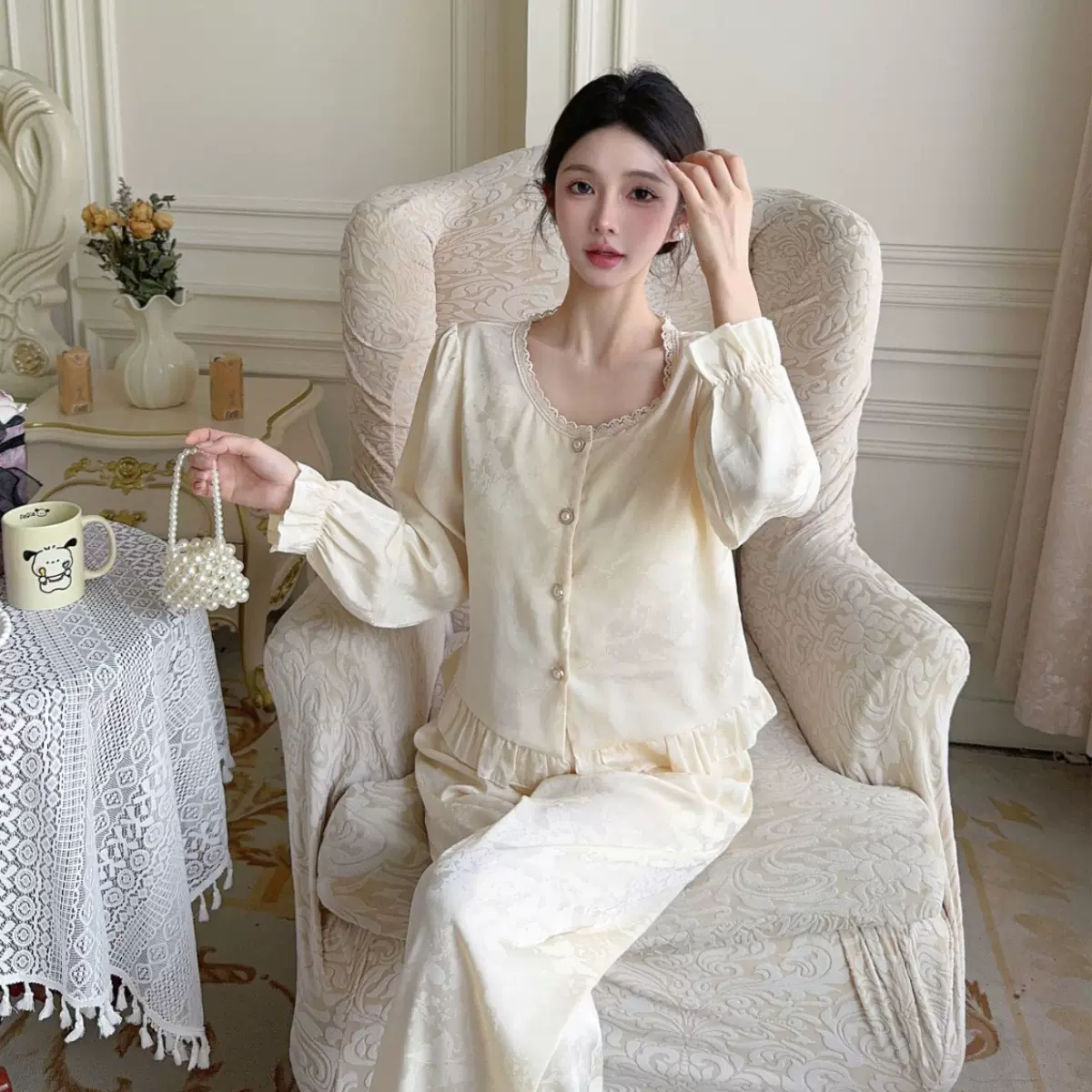 秋季新款提花国风睡衣长袖长裤复古花边家居服宫廷甜美高级感睡衣