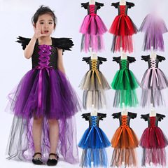 萬聖節沉睡魔咒女童連衣裙表演走秀拖尾公主禮服 女巫羽毛肩帶裙