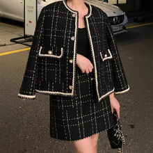 跨境小香风套装名媛气质粗花呢半身裙两件套包臀短裙新款女装