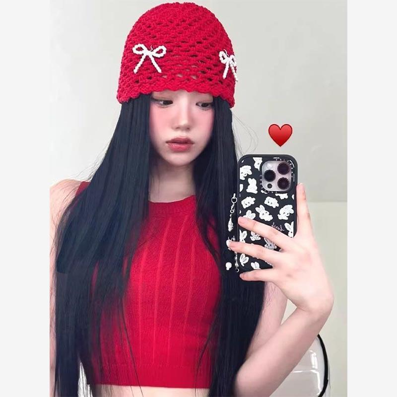 분위기 한국 여성 진주 활 수제 할로우 니트 울 모자 유행 여성 유행 가방 헤드 모자 작은 얼굴