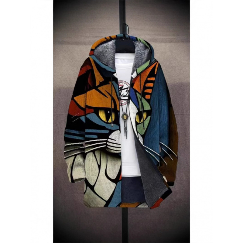 Men's Cross-Border Jacket Winter Printed Stuffed Lining Thickened Windproof Jacket Long Sleeve Zipper Fashion Hooded Loose