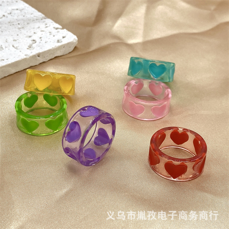 Nueva Corea del Sur ins estilo dulce chica corazón hecho a mano aceite goteo pintado a mano amor anillo transparente macaron color anillo