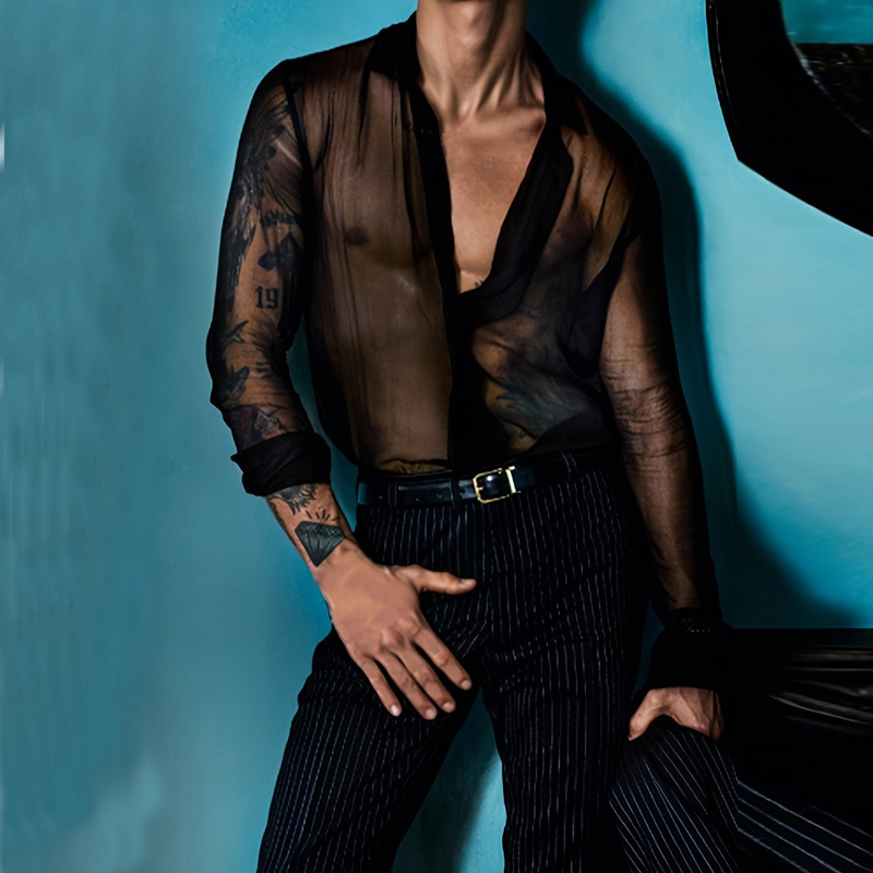 European Men's Clothing Ready-Made Summer Black Thin See-Through Men's Shirts Breathable Casual Tops Nightclub Performance Clothes European Men's Clothing Ready-Made Summer Black Thin See-Through Men's Shirts Breathable Casual Tops Nightclub Performance Clothes