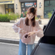 法式甜美气质粉色边v领长袖衬衫女秋季新款气质高级上衣别致小衫