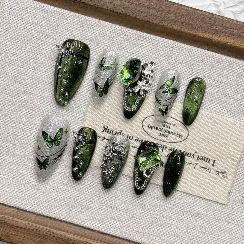 Green Butterfly Cat Eye Gradient Full Diamond High-End Wholesale Fake Nail Tips, Whitening Almond-Shaped Nail Art, Pure Handmade Wearable Nails Green Butterfly Cat Eye Gradient Full Diamond High-End Wholesale Fake Nail Tips, Whitening Almond-Shaped Nail Art, Pure Handmade Wearable Nails