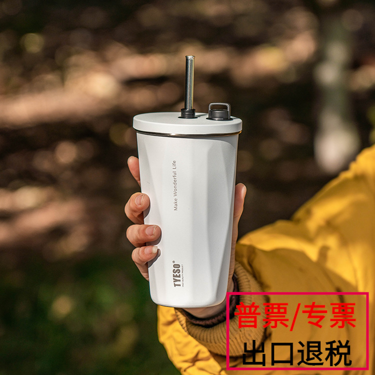 TYESO taishuo nueva taza de café de acero inoxidable calentador de hielo aislamiento taza de paja del coche de vacío botella de agua de gran capacidad
