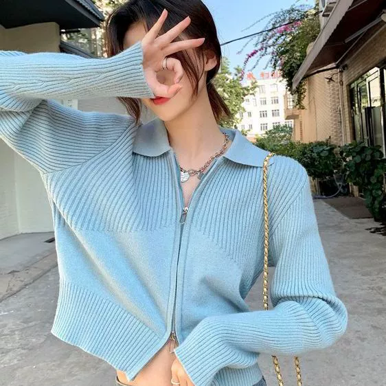 2023 вязаный кардиган с двойной молнией и воротником-поло, Женский весенне-осенний дизайн, короткий Универсальный свитер, верхняя куртка