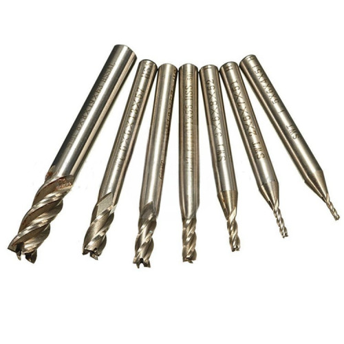 Set of 7 High-Speed Steel End Mills 4-Flute Straight Shank Milling Cutters, Imperial Milling Cutter Set