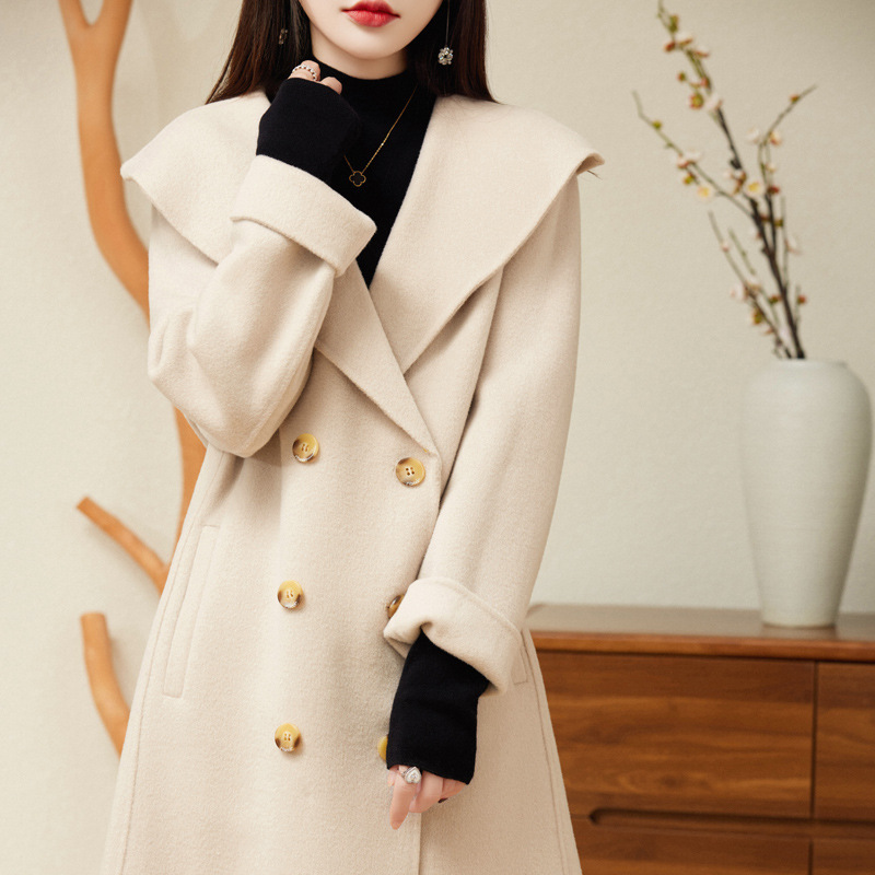 Wool Coat Large Lapel Cardigan Shawl Collar Double-sided Wool Coat Mid-length Coat Solid Color Commuter Professional All-match