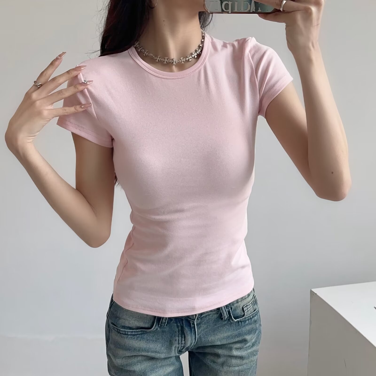 Kardashian Short-Sleeve T-Shirt for Women 2026 Spring/Summer Solid Color Slim Fit Round Neck Slimming Base Sports Cross-Border Top Wholesale