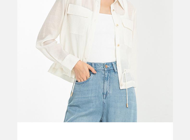 Áo khoác chống nắng nữ dáng dài tay dài chất liệu Tencel mỏng nhẹ form ôm — Màu trắng be chi tiết 4