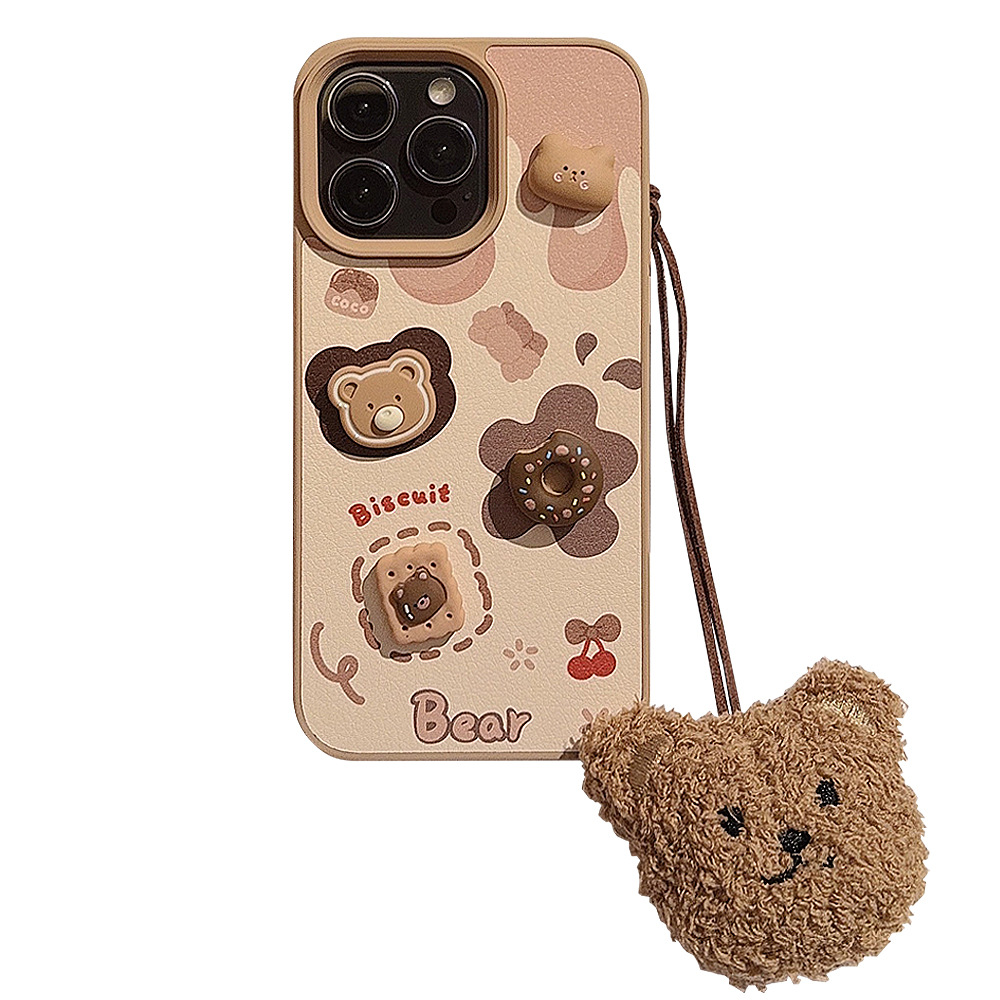 Funda de Teléfono 3D con Diseño de Oso de Galleta para iPhone 16, 17 Pro Max, 13, Compatible con iPhone 15, con Cordón Bonito, 12, Rígida