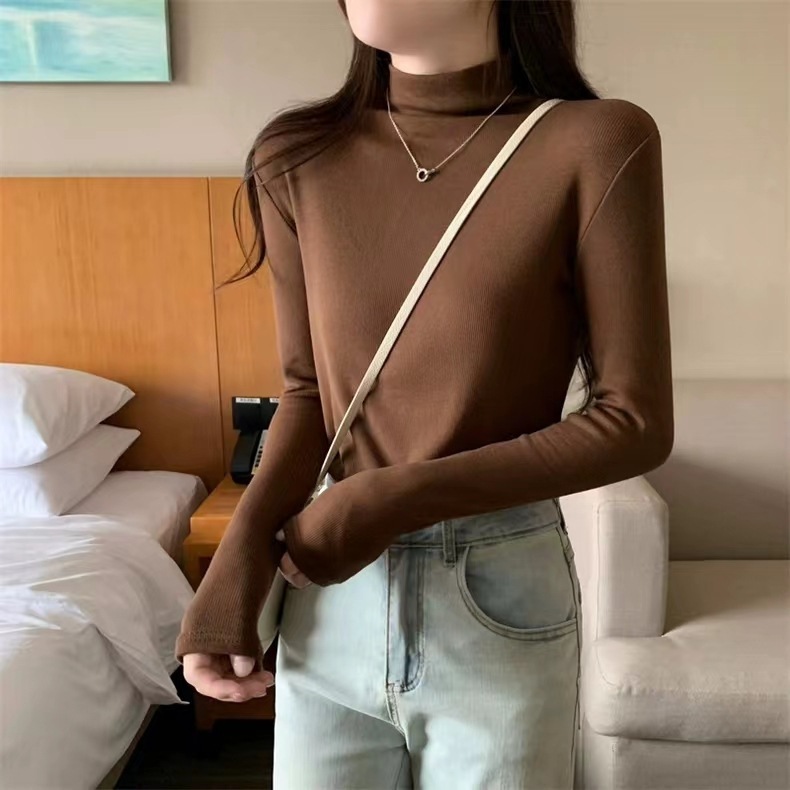 简约纯色半高领长袖打底衫女秋季新款韩版休闲百搭内搭上衣女简约|undefined