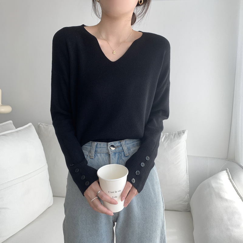 百搭针织打底衫秋季韩版v领宽松内搭套头纯色毛衣女长袖显瘦上衣|undefined