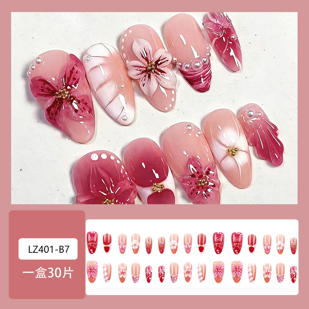 30 piezas de venta en caliente transfronteriza hecha a mano almendras desgaste de uñas estereoscópicas dulces flores de viento fresco mariposa perla goteo de pegamento de uñas