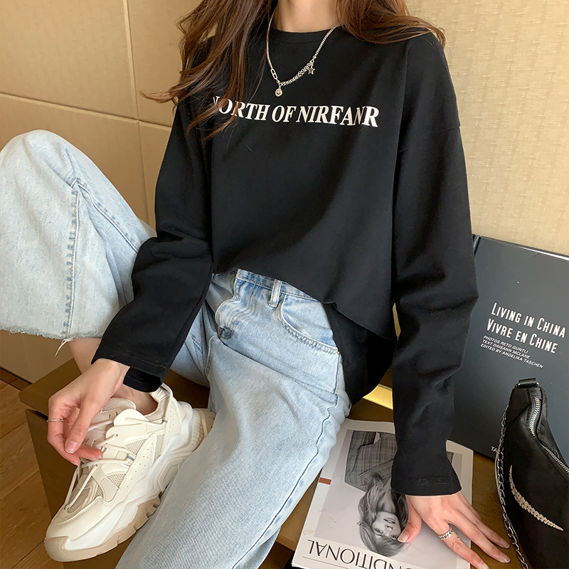2022 White Long-sleeved T-shirt Women's Loose 100 Cotton Mid-length Inner Round Neck Bottoming Shirt Ripped Trendy Top 2022 White Long-sleeved T-shirt Women's Loose 100 Cotton Mid-length Inner Round Neck Bottoming Shirt Ripped Trendy Top