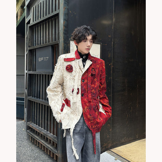 in stock! 25 Spring and Summer Men's Burning Handmade Rose Stitching Stereo Fire Rose Suit Coat XZ75-5178
