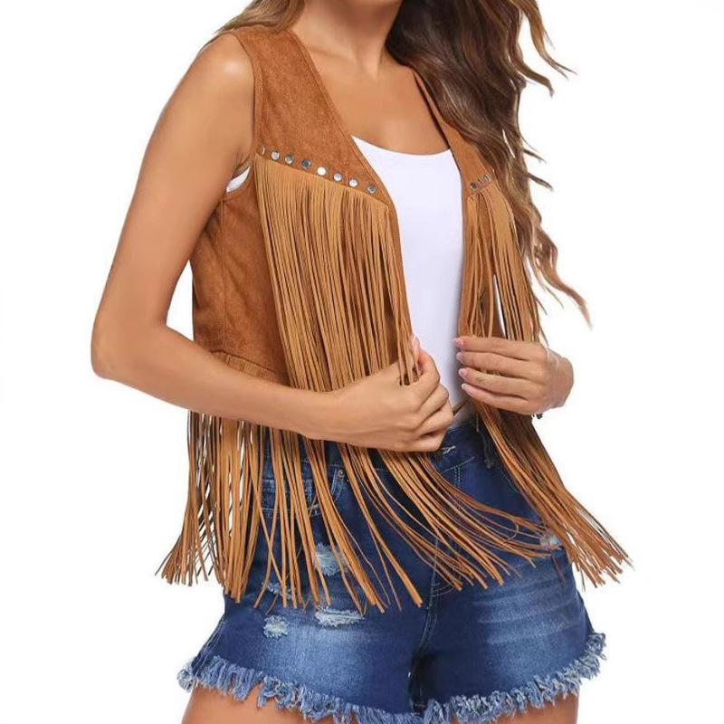 Thickened Frosted Velvet Studded Tassel Vest Jacket Medium Thick Women's Sleeveless Cardigan Vest