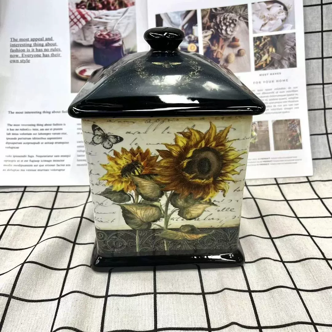 向日葵储物罐陶瓷茶叶罐子密封大容量储茶罐储物饼干罐