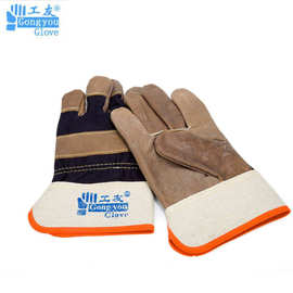 工友电焊手套深色分掌牛皮帆布拼接劳保手套
