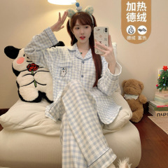秋冬季新款德绒睡衣女韩系甜美格子长袖套装加厚保暖家居服可外穿