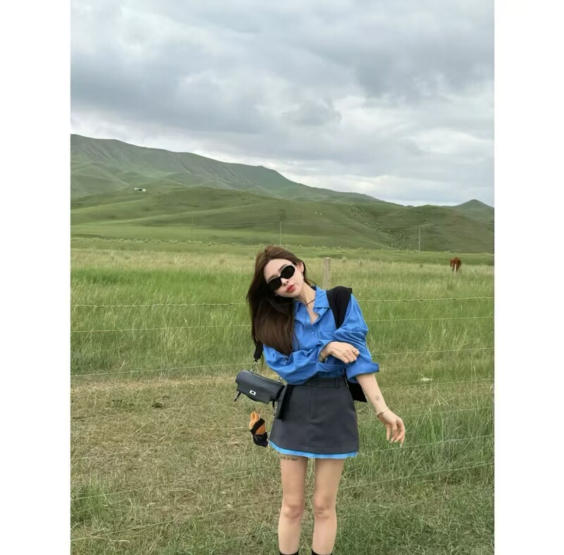 米娜家草原娜日太泡菜衬衫+披肩＋灰色蓝边西装半裙套装|undefined