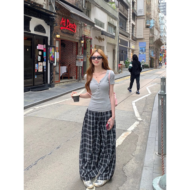 2468 #   Linglai Plaid Casual Pants Loose Wide-Leg Pants High-Waisted Straight Pants Draped Floor-Length Pants