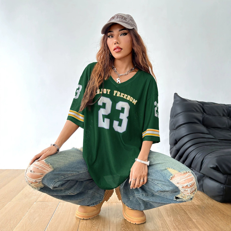 Plus-Size American-Style Letter and Number Print Jersey T-Shirt for Women, Mid-Length, Loose Fit, V-Neck, Mesh Short Sleeves Plus-Size American-Style Letter and Number Print Jersey T-Shirt for Women, Mid-Length, Loose Fit, V-Neck, Mesh Short Sleeves