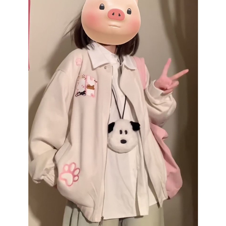 日系卡通小猫毛巾绣翻领卫衣女2025早秋新款慵懒风宽松bf开衫外套|undefined