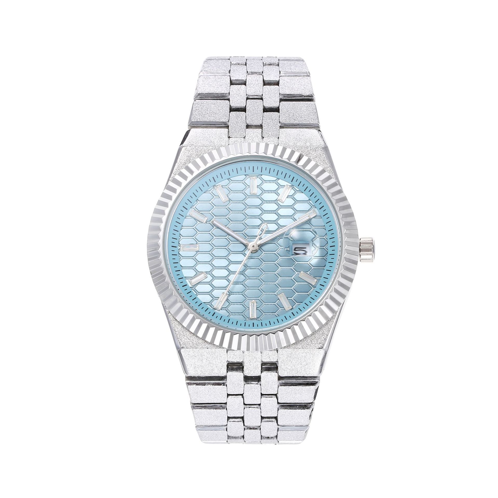 Cross-Border Tiktok Classic Log-Style Frosted Gold Men's Ultra-Thin Steel Band Honeycomb Pattern Calendar Quartz Watch Without Logo