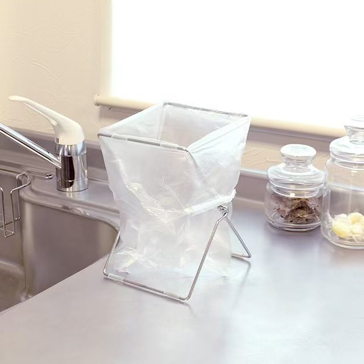 Household Stainless Steel Garbage Bag Shelf Storage Rag Foldable Kitchen Sorting Garbage Bin Plastic Bag Shelf