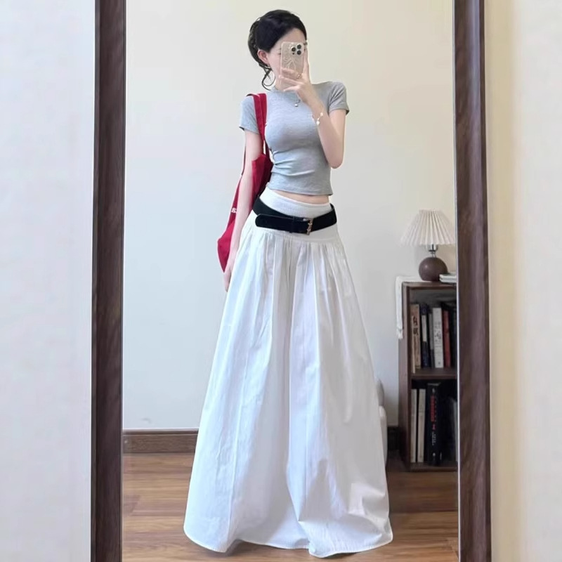 Korean-Style Summer High-Waisted Casual Skirt, Sweet and Cool Style for Hot Girls, White A-Line Long Skirt, Large Flared Umbrella Skirt for Commuting