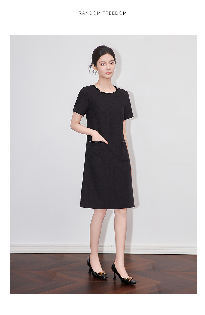 Váy liền nữ kiểu Pháp cổ tròn tay ngắn dệt jacquard ôm nhẹ — Màu be chi tiết 16